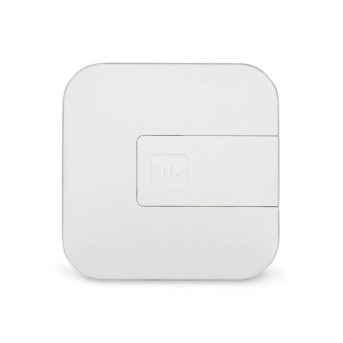 A white rectangular retractable charging cable with a button for operation and a logo.