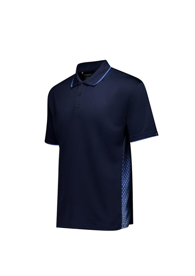 A navy blue men's short sleeve polo shirt with a patterned side panel and a collar. It features a logo.
