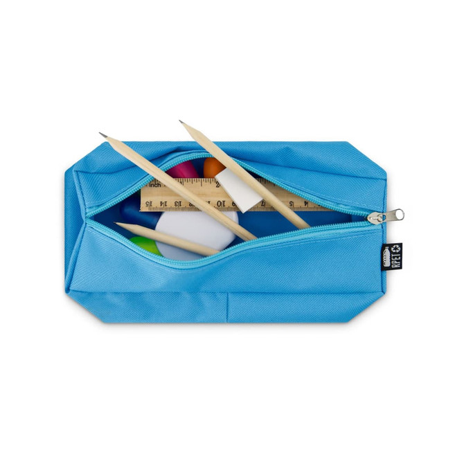A blue pencil case containing pencils, a ruler, and erasers, with a zip closure and logo.