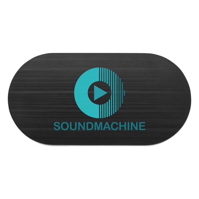 A sleek black promotional product with a circular logo featuring turquoise elements and the word "SOUNDMACHINE."