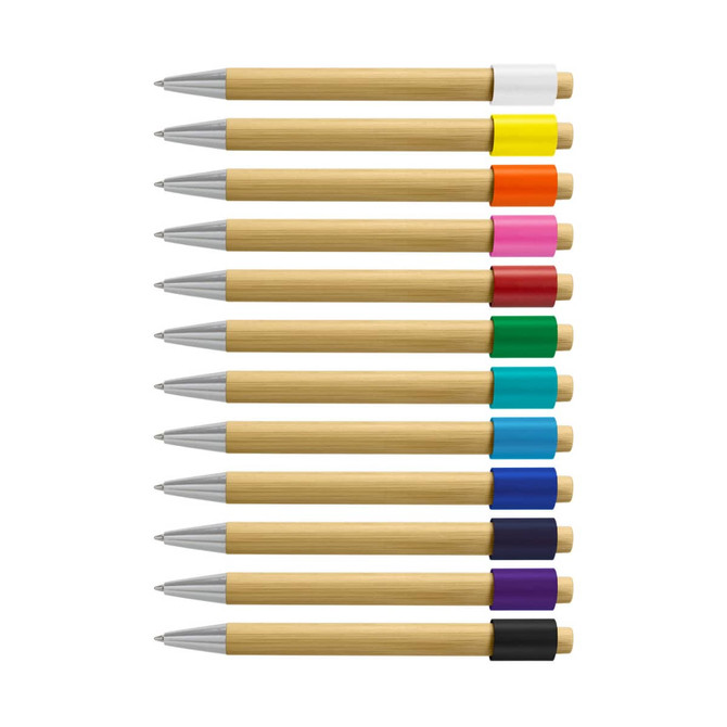 A collection of bamboo spinner pens in assorted colours including white, orange, pink, green, and purple.