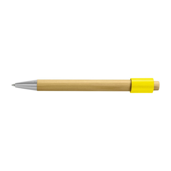 A bamboo pen with a shiny silver tip and a bright yellow grip. It features branding on the body.