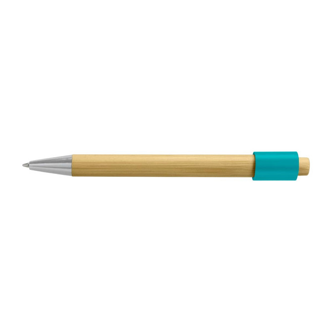 A bamboo spinner pen with a silver tip and turquoise grip, featuring branding on the side.