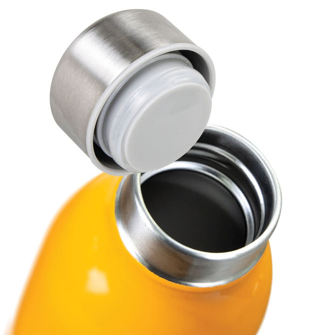A drink bottle in bright yellow with a stainless steel cap and a wide opening. It features a logo.