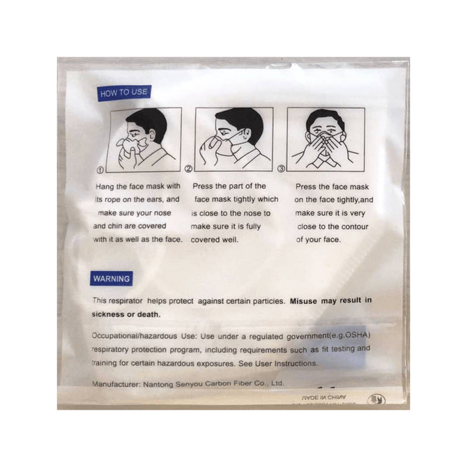 A N95 respirator face mask in a plastic packaging, featuring instructions on usage and a warning notice. The mask is white.