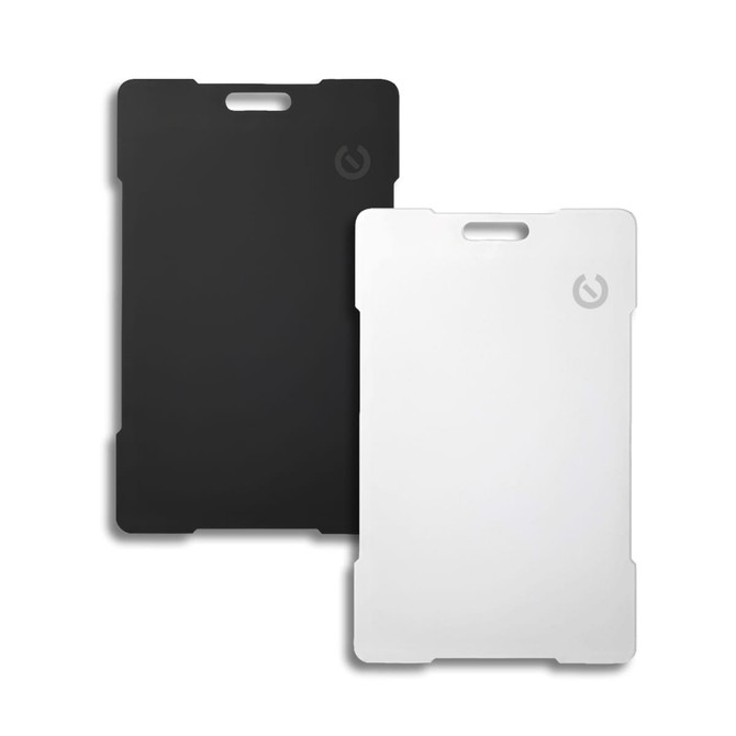 A pair of Bluetooth trackers in black and white, featuring a logo on each.