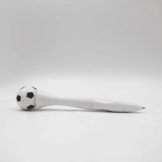 A promotional pen with a white body featuring a black-and-white soccer ball design on the top.