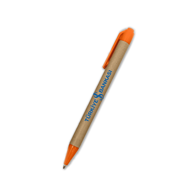 A paper pen with an orange cap and grip, featuring a beige barrel and a logo.
