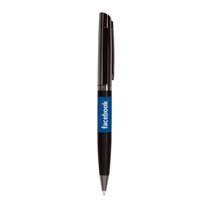 A black ballpoint pen featuring a metal clip and a blue section with a logo.