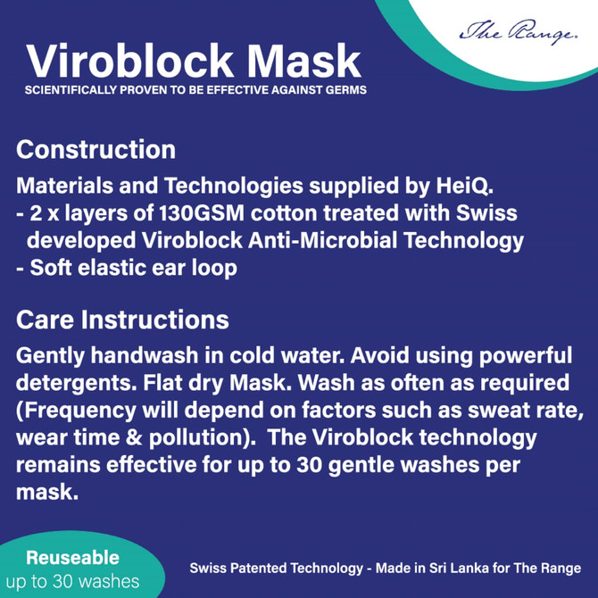 A Viroblock Face Mask in dark blue with a soft elastic ear loop and features a logo.