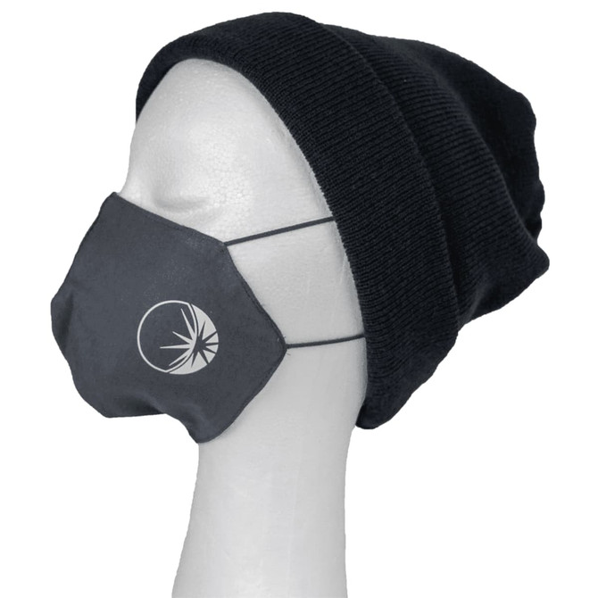 A grey Viroblock face mask worn on a mannequin head, paired with a black beanie. The mask features a logo.