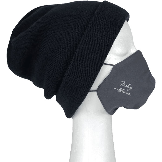 A black beanie paired with a grey face mask on a mannequin head. The mask has a logo.