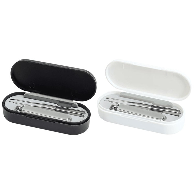 A manicure set in black and white cases, containing various metal nail care tools. Each case is open and displays its contents.