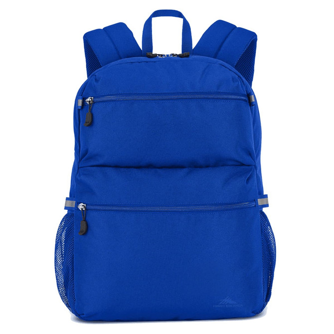 A blue backpack with multiple zippered compartments and mesh side pockets. Features padded shoulder straps and a logo.
