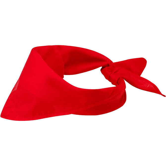 A red bandana with a triangular shape and a tied knot at one end, featuring a simple design.