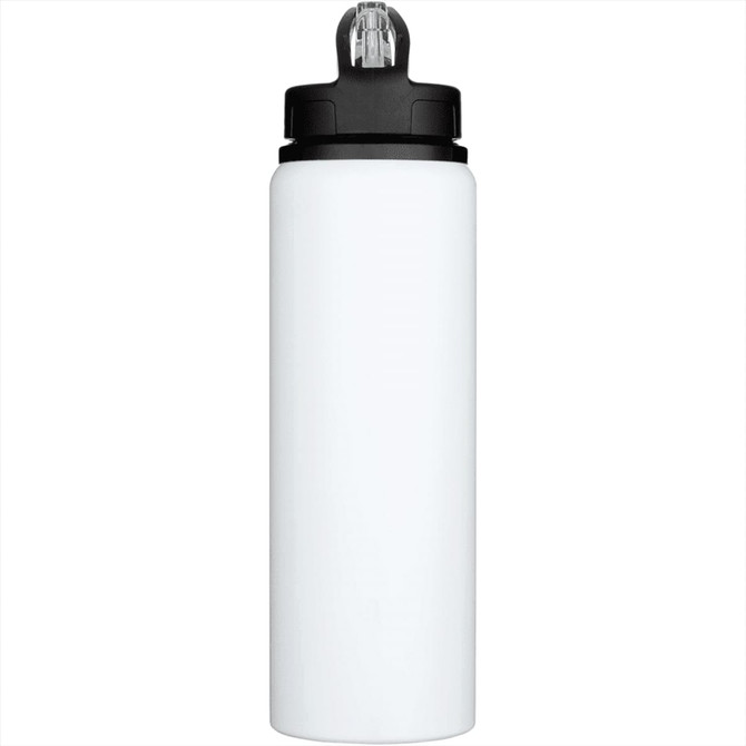 A drink bottle made of recycled stainless steel, featuring a sleek white finish and a black screw-on lid.