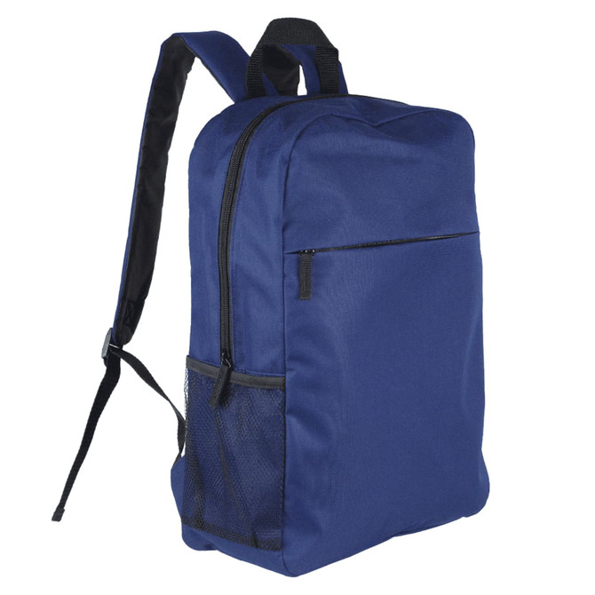 A navy blue backpack featuring a front zip pocket and a side mesh pocket, equipped with adjustable straps.