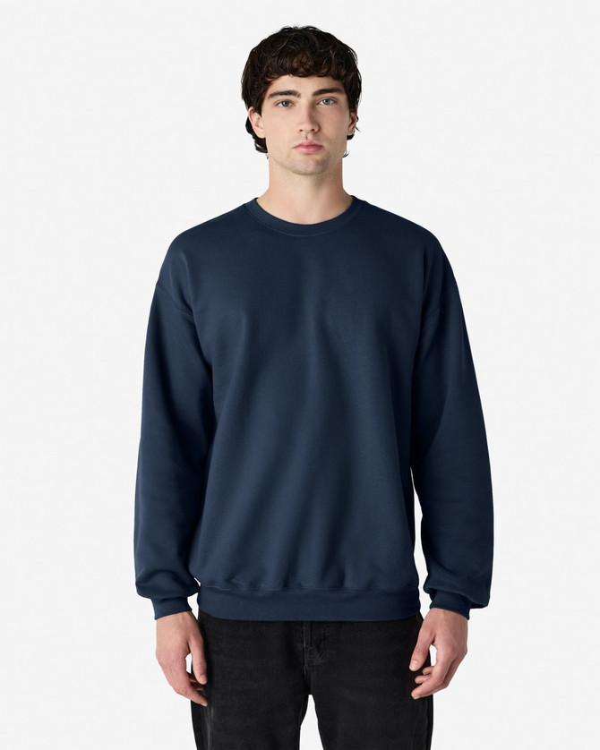 A navy Gildan Softstyle adult sweatshirt with a crew neckline and long sleeves. Features a logo on the chest.