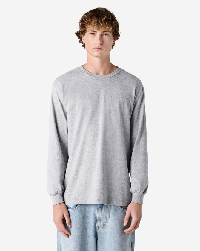 A unisex long sleeve t-shirt in light grey, featuring a round neckline and a simple design. It has a logo on it.