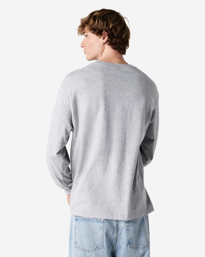 A unisex long sleeve T-shirt in grey, featuring a subtle logo on the back.