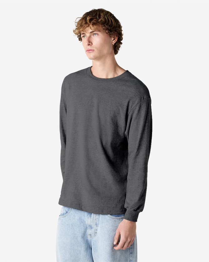 A heavyweight cotton unisex long sleeve T-shirt in grey, featuring a simple design and a logo.
