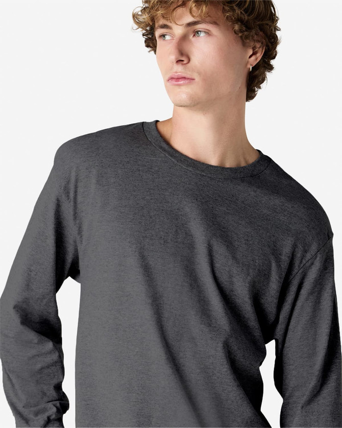 A heavyweight cotton unisex long sleeve t-shirt in dark grey, featuring a classic crew neckline and a logo.