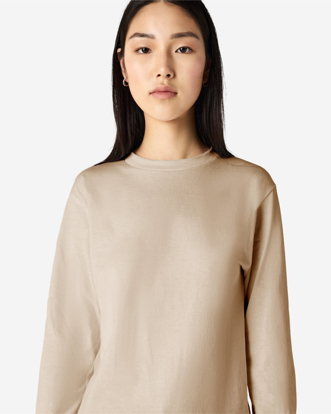 A beige heavyweight cotton unisex long sleeve t-shirt, featuring a round neckline and a plain style.
