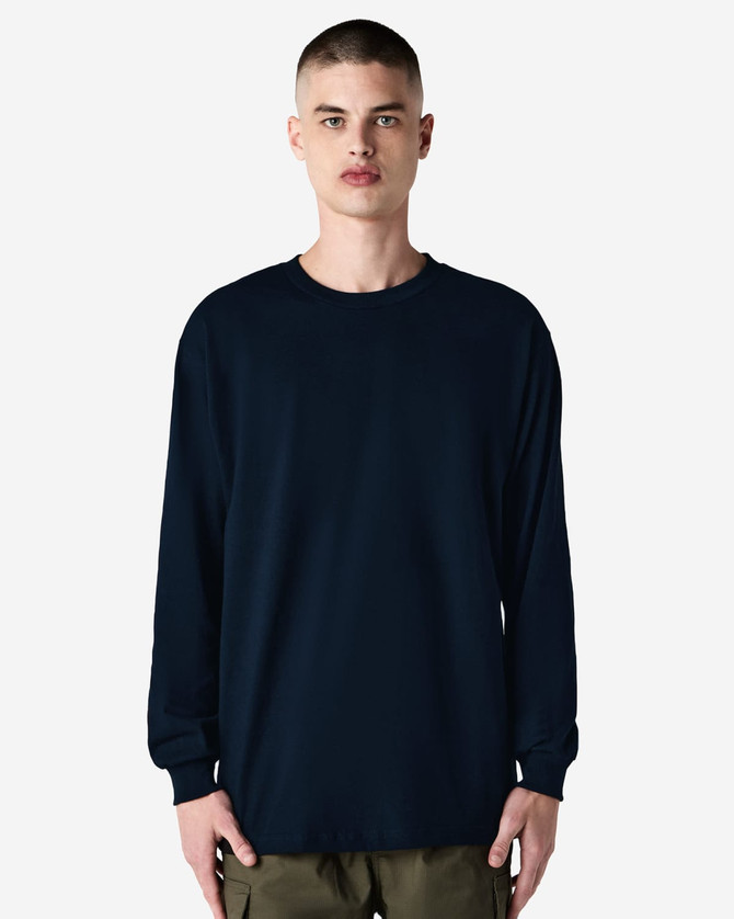 A heavyweight cotton unisex long sleeve T-shirt in navy blue, featuring a simple design and a logo.