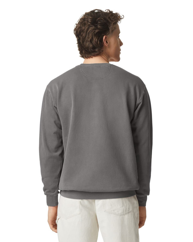 A grey adult crewneck sweatshirt featuring a simple design and a logo on the back.