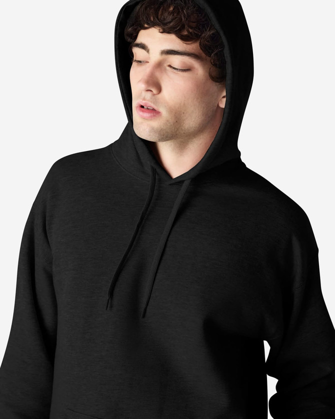 A black Gildan Softstyle adult hooded sweatshirt with a drawstring hood and a front pocket.