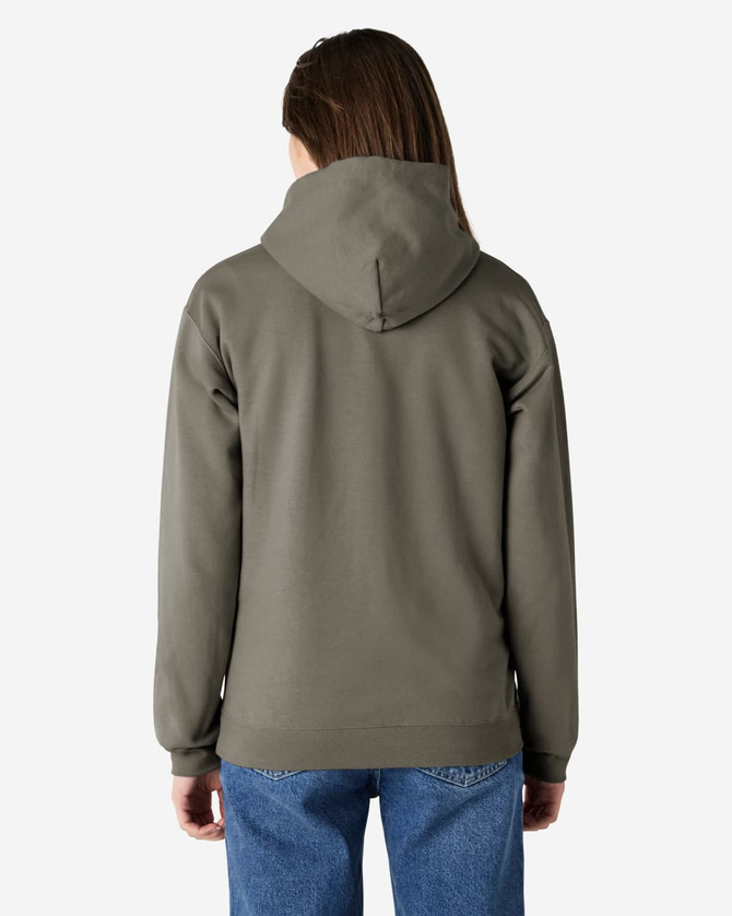 A hooded sweatshirt in a muted olive green, featuring a logo and set against a plain background.