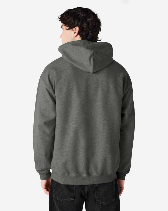 A grey Gildan Softstyle adult hooded sweatshirt displayed on a person from the back, featuring a hood and relaxed fit.