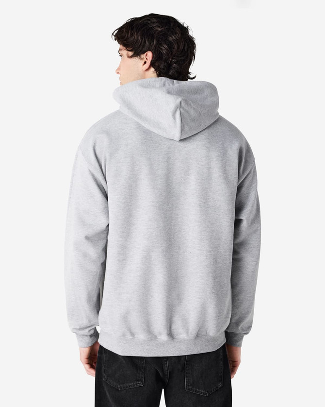 A grey hooded sweatshirt with a kangaroo pocket, viewed from the back. It features a logo on the back.