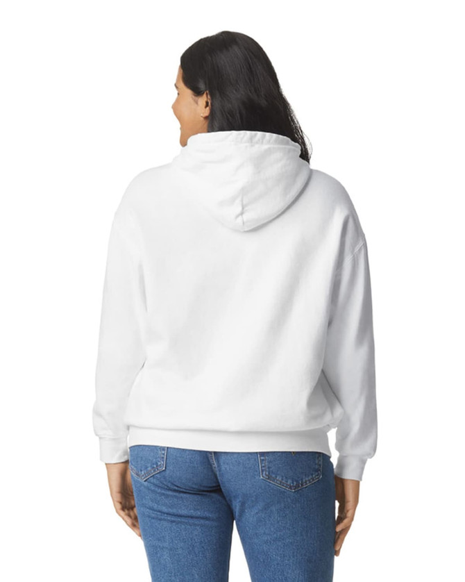 A white adult hooded sweatshirt with a rear view, featuring a hood and a loose fit.