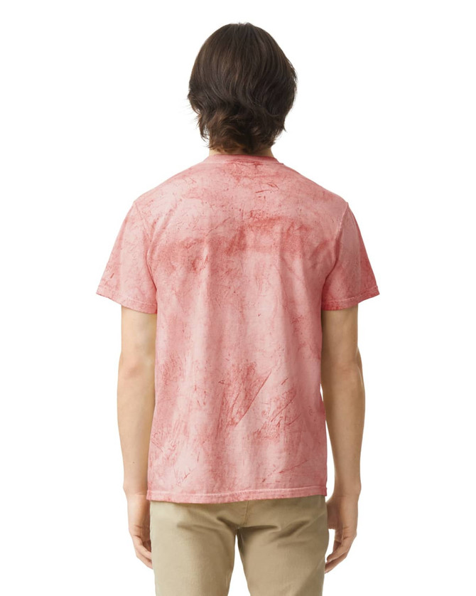 A heavyweight adult T-shirt in a faded red colour, featuring a back view with a textured design and a logo.