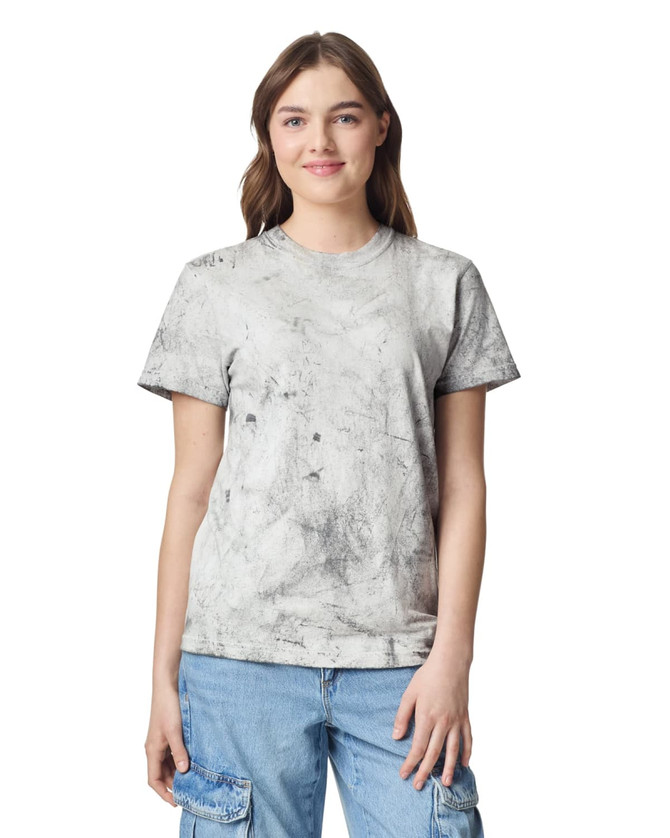 A heavyweight T-shirt in a light grey marbled design, featuring a logo on the chest area.