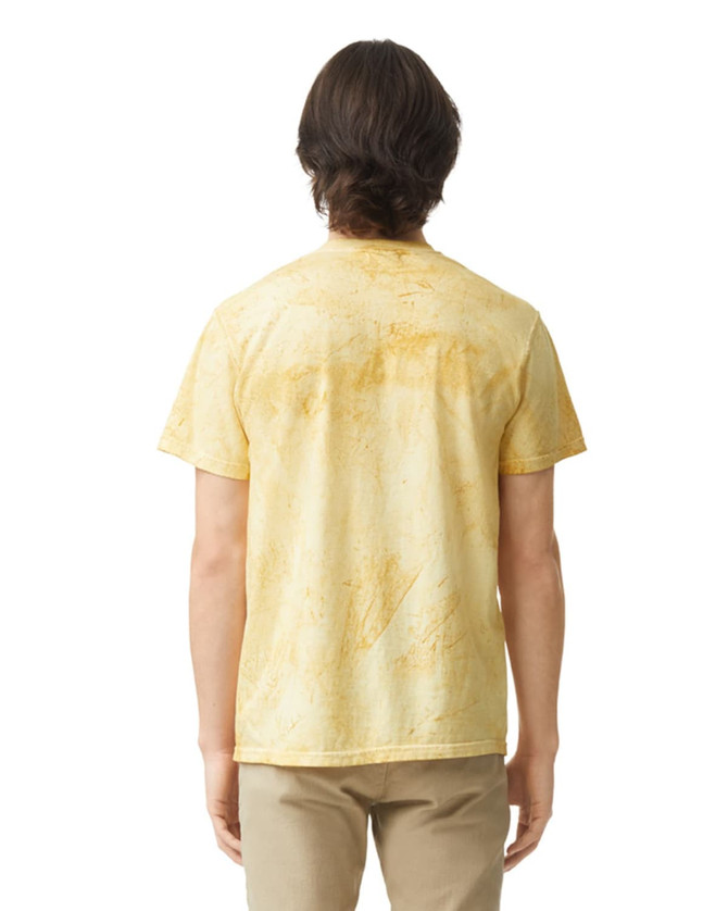 A yellow heavyweight T-shirt with a textured design, featuring a logo on the back.