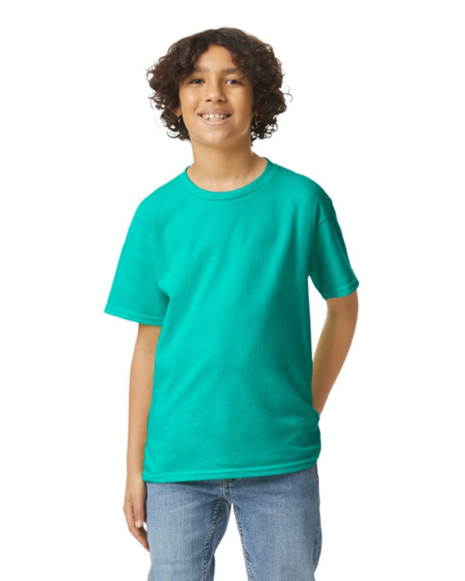 A youth short sleeve T-shirt in a vibrant teal colour, featuring a simple design and a brand logo.