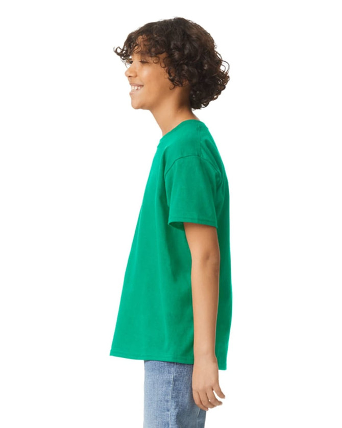 A green youth t-shirt is displayed, featuring short sleeves and a straight cut design. It has a simple branding logo.