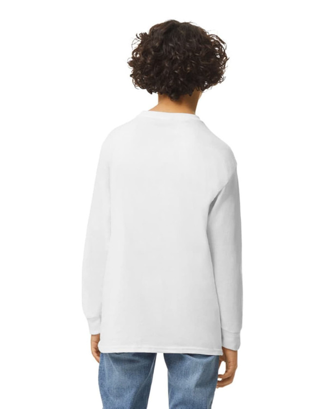 A white long sleeve youth T-shirt viewed from the back, featuring a simple design and a logo.