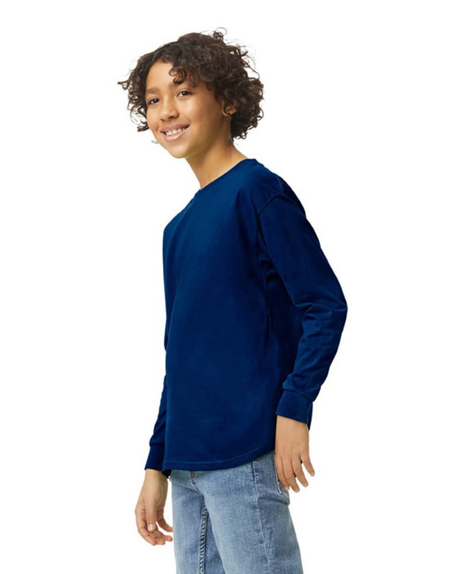 A navy long sleeve youth t-shirt, featuring a round neckline and a logo on the front.