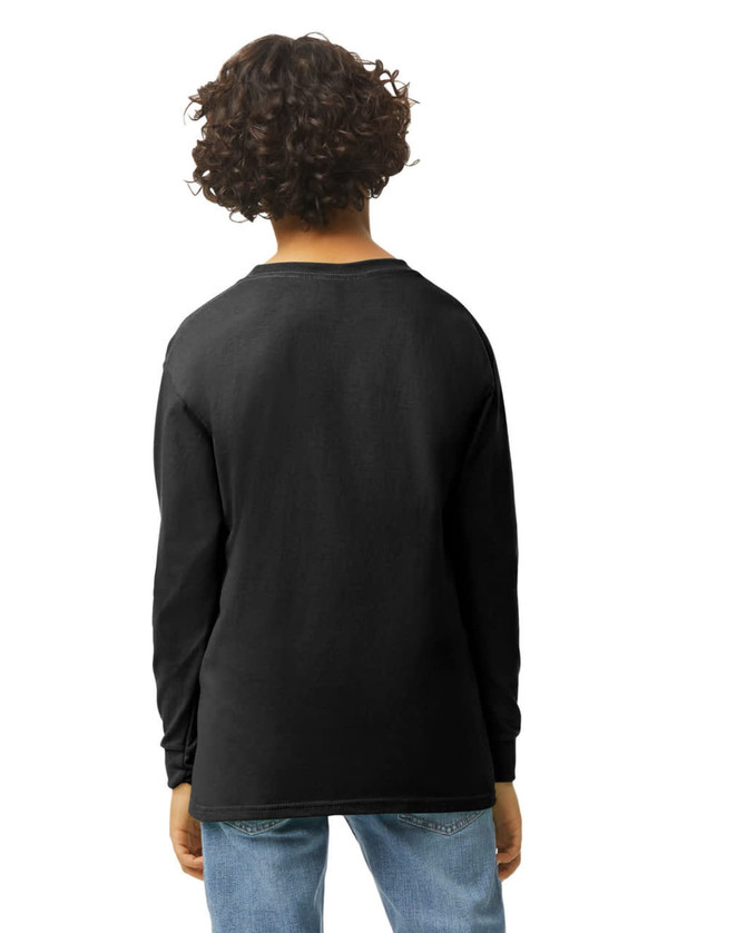 A back view of a black long sleeve youth t-shirt with a simple design and a logo at the neckline.
