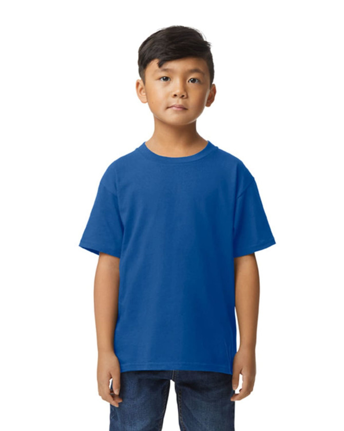 A youth midweight T-shirt in royal blue, displayed on a child standing straight, with a simple logo on the shirt.