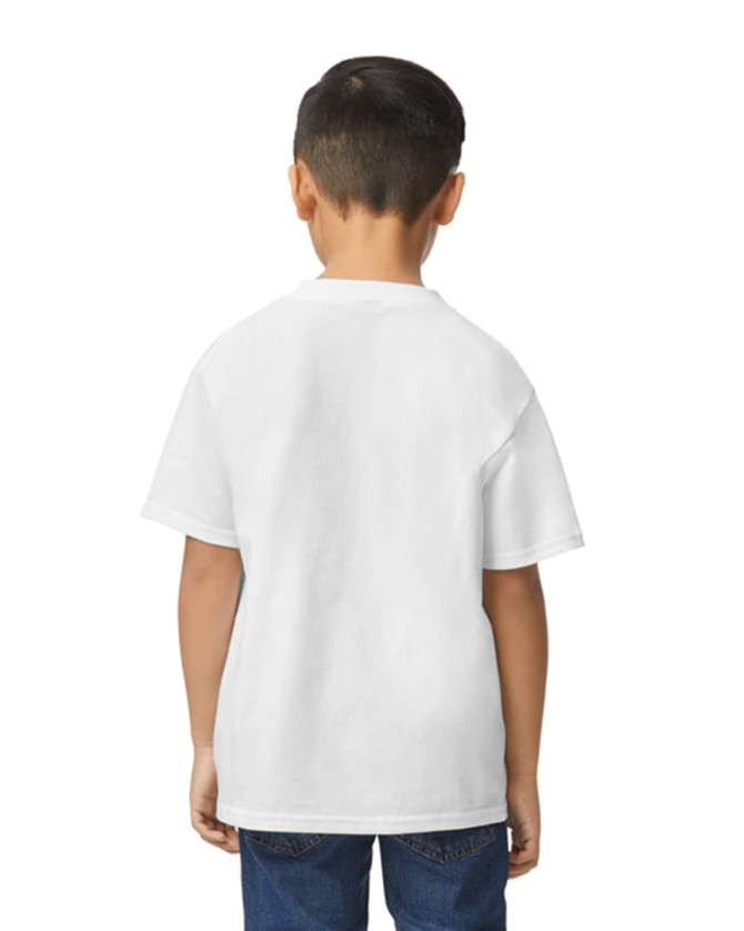 A youth midweight T-shirt in white, featuring a standard crew neckline and short sleeves, worn by a boy.
