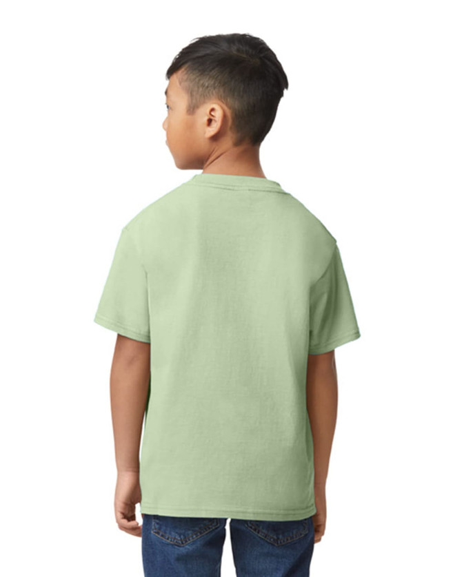 A green youth midweight T-shirt displayed on a child from the side, featuring a simple cut and short sleeves.