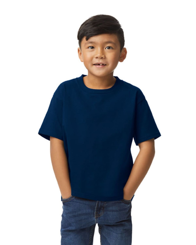 A navy blue youth midweight t-shirt on a child, featuring a round neck and short sleeves. It has a logo.