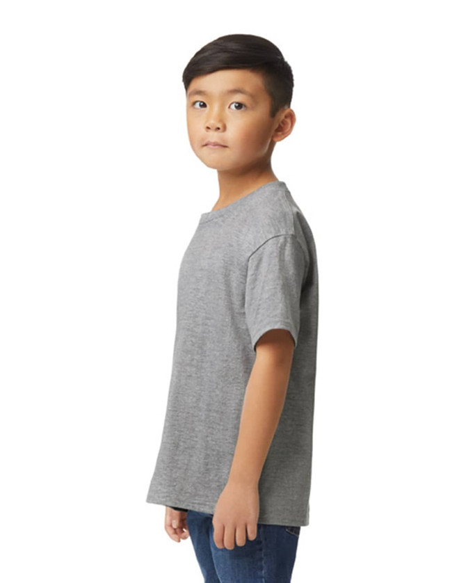 A youth midweight T-shirt in heather grey, featuring a round neckline and short sleeves, displayed on a model.