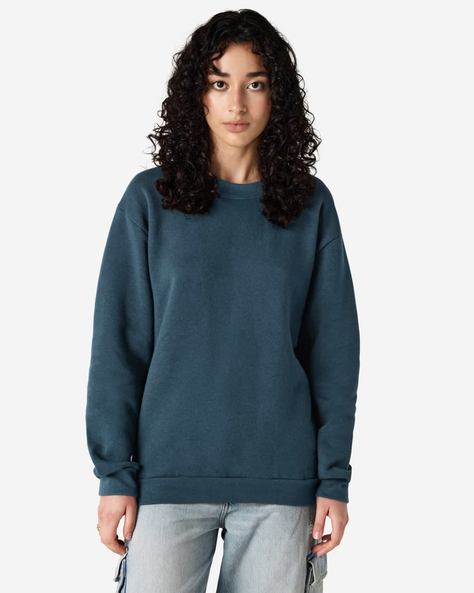 A unisex crewneck sweatshirt in a deep blue colour, featuring a simple design and a logo.