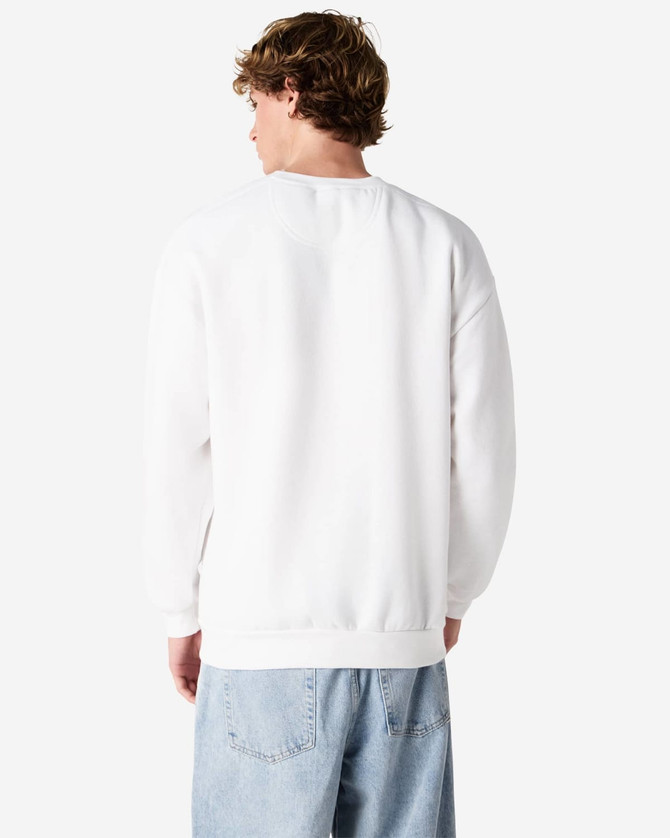 A unisex crewneck sweatshirt in white, featuring a simple design and a branded logo.