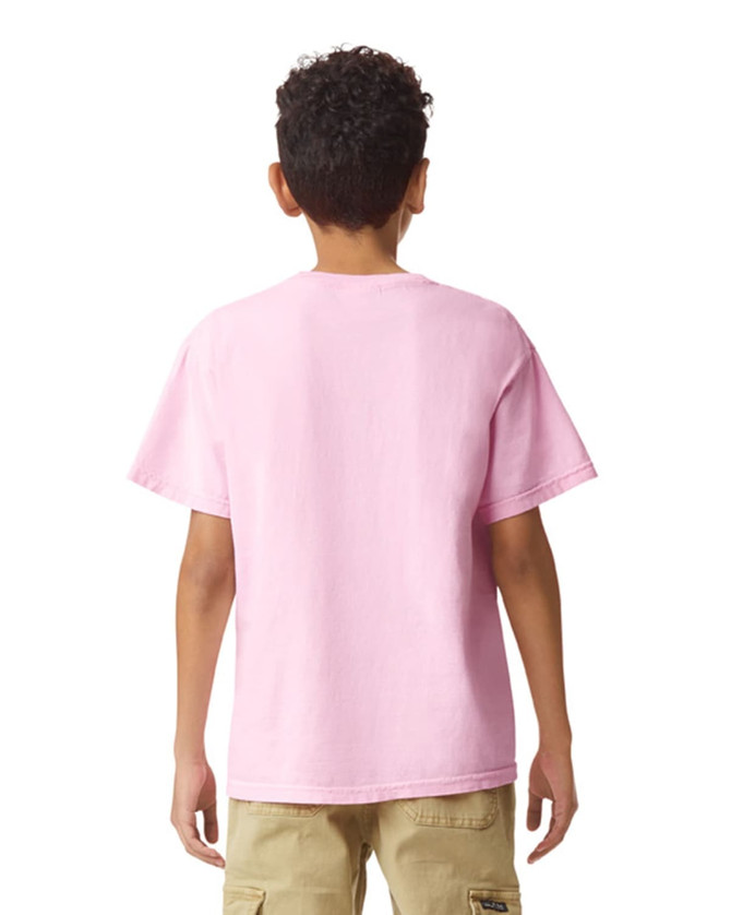 A youth short sleeve T-shirt in light pink, featuring a plain back and a logo.